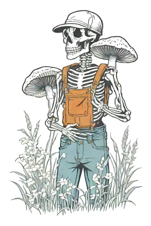 skeleton wearing cuffed jean bib overalls standing in grass with wild flowers and mushrooms tattoo design idea