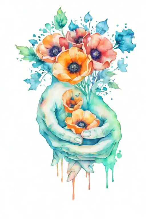 a woman's hand holding two little hands with Aurora Borealis and poppies  tattoo design idea