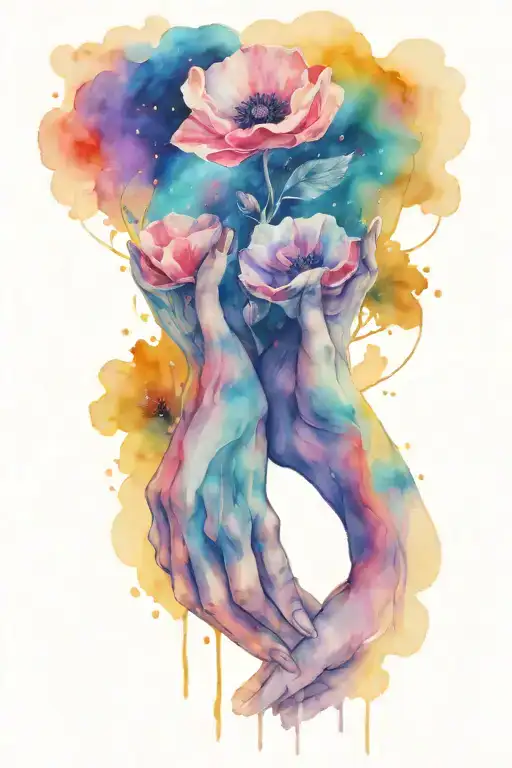 a mums hand holding 2 girls hands with a poppy on one side and Aurora Borealis in the background tattoo design idea