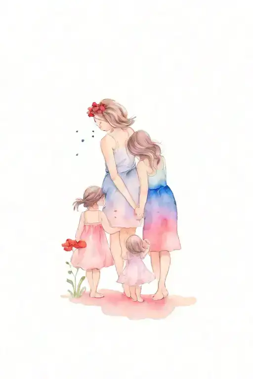 a simple drawing of a mum with 2 daughters, looking at Aurora Borealis and Red poppies by their feet tattoo design idea