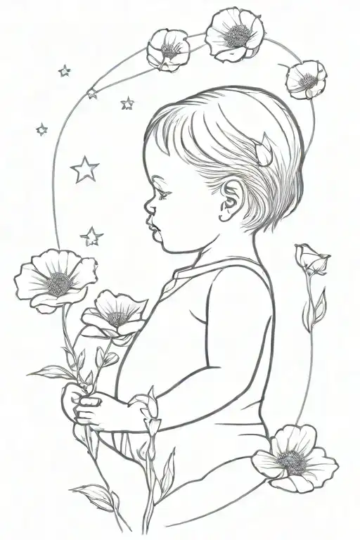 a baby girl surrounded by red poppies while looking up at the Aurora Borealis tattoo design idea