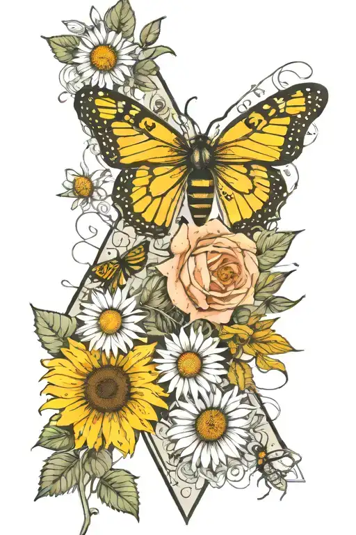 flora arm sleeve roses daisies sunflowers bees lines triangle dots  tattoo design idea