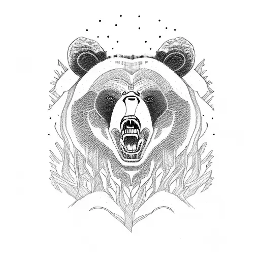 Grizzly bear roaring with a forest and 3 baby bears underneath it tattoo design idea