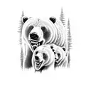 Grizzly bear roaring with a forest and 3 baby bears underneath it tattoo design idea