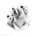Grizzly bear roaring with a forest and 3 baby bears underneath it tattoo design idea