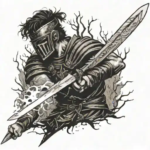 first-person view of a Roman swordsman slashing his enemy with a sword against the backdrop of a burnt forest tattoo design idea