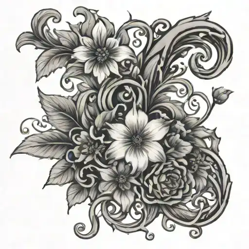 vine-like arrangement with birth flowers of January, March, April, May, an October interspersed in vine surrounding paw  tattoo design idea