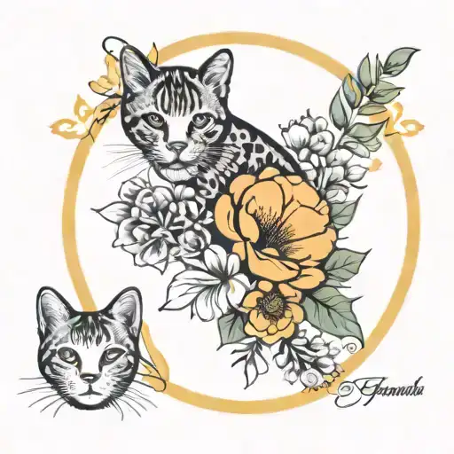 January, March, April, May, and October birth flower in a circular flower arrangement around a cat paw print tattoo design idea