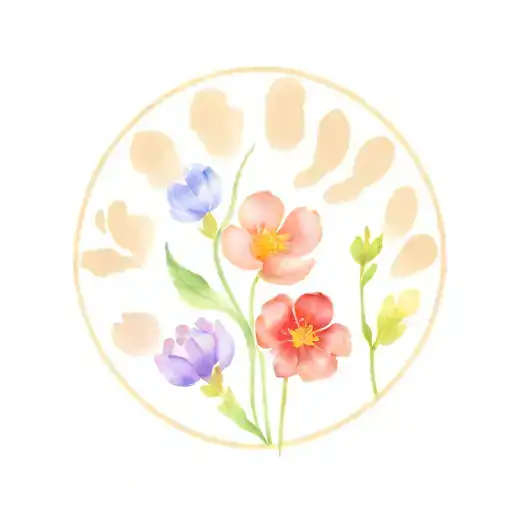 January, March, April, May, and October birth flower in a flower arrangement around a cat paw print tattoo design idea