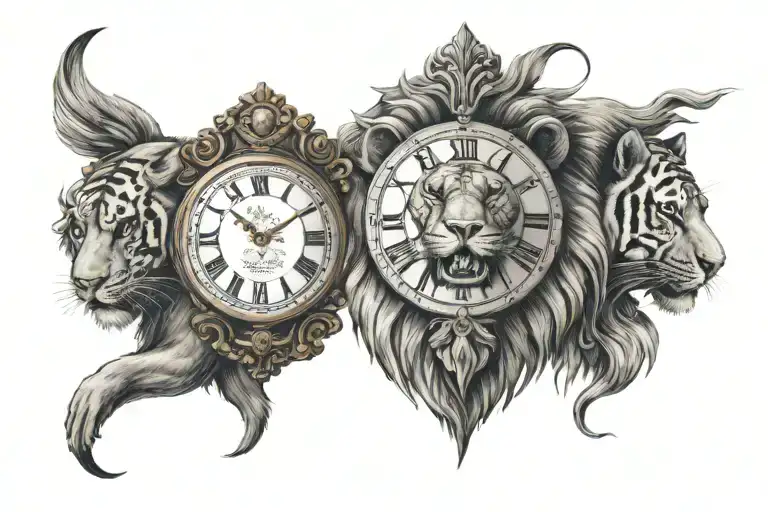 Roman numeral clock in centre with heads of lion and tiger profile facing out and a Roman war across the upper chest tattoo design idea