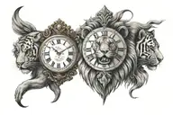 Roman numeral clock in centre with heads of lion and tiger profile facing out and a Roman war across the upper chest tattoo design idea