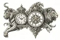 Roman numeral clock in centre with heads of lion and tiger profile facing out and a Roman war across the upper chest tattoo design idea