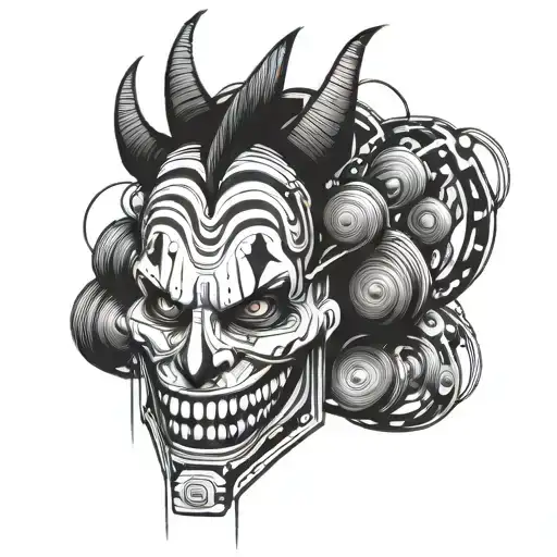 A sleek, futuristic car design intertwined with intricate guitar strings and evil clown faces tattoo design idea