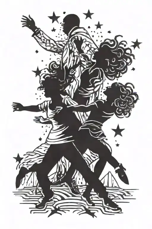 A silhouette of a group of friends dancing at a rave under a starry night sky tattoo design idea