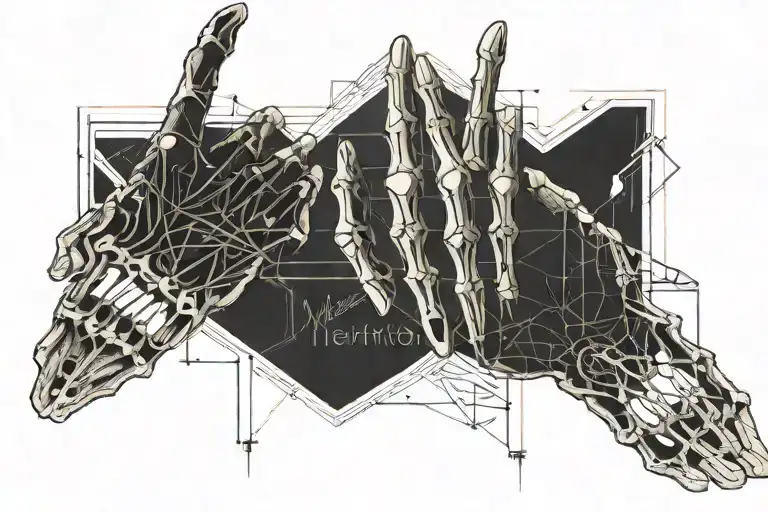 A skeleton hand and a human hand pointing to each other with the script “Memento mori memento vivere” tattoo design idea