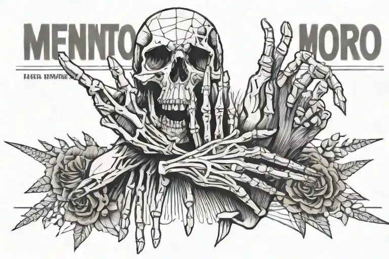 A skeleton hand and a human hand pointing to each other with the text “Memento mori memento vivere” underneath tattoo design idea