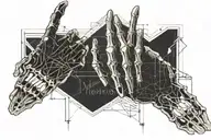 A skeleton hand and a human hand pointing to each other with the script “Memento mori memento vivere” tattoo design idea