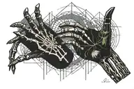A skeleton hand and a human hand pointing to each other with the script “Memento mori memento vivere” tattoo design idea