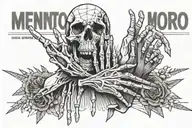 A skeleton hand and a human hand pointing to each other with the text “Memento mori memento vivere” underneath tattoo design idea