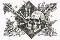 A skeleton hand and a human hand pointing to each other with the text “Memento mori memento vivere” underneath tattoo design idea
