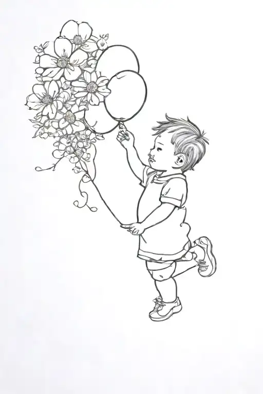  Toddler holding a balloon string surrounded by flowers tattoo design idea