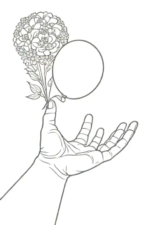 Toddler hands holding a balloon surrounded by flowers tattoo design idea