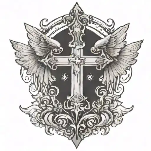 christian cross with majestic angel tattoo design idea