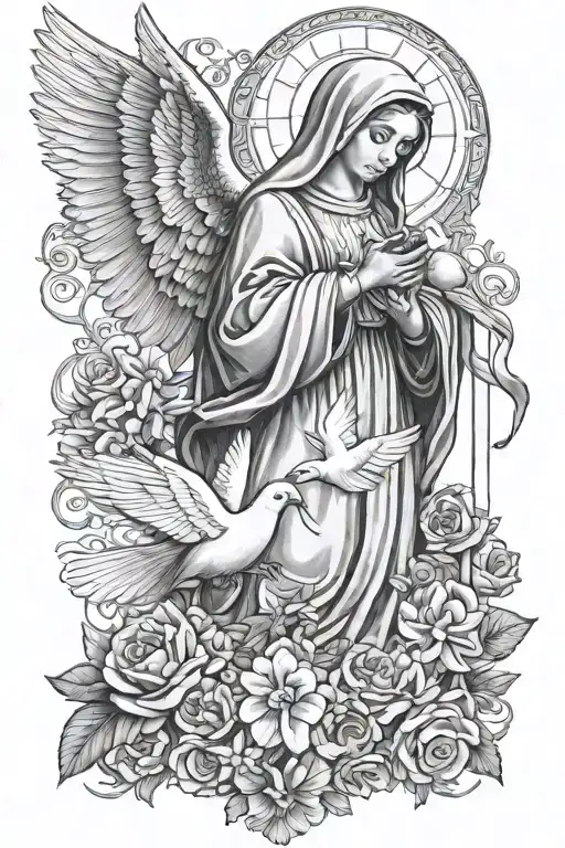 virgin mary 2 doves tattoo design idea