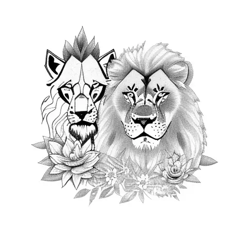lion and wolf merged in a jungle with flowers in the background and spears with arrows tattoo design idea