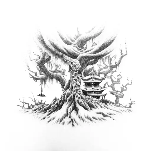 A dotwork tattoo of a Japanese horror movie scene set in a forest tattoo design idea