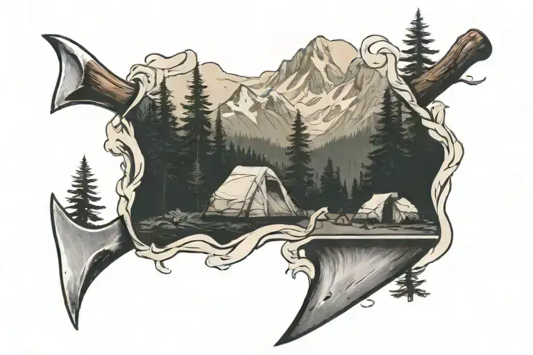 Camping axe mountains tattoo design idea