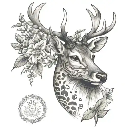 fallow deer head with larkspur and Gladiolus flowers and a cannabis plant leaf, black and shade, inner forearm. tattoo design idea