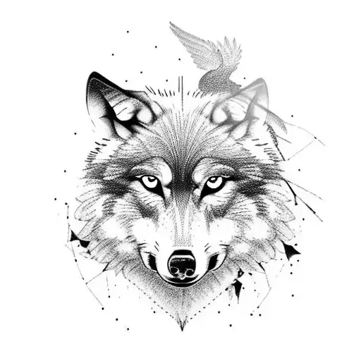 wolf with hummingbird  tattoo design idea