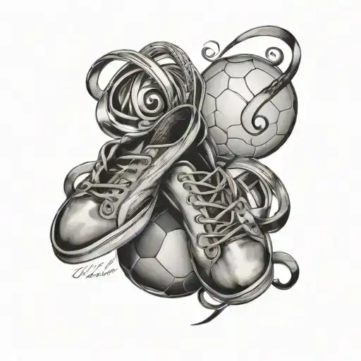 infinity sign with names Maya Emma under Maya soccer ball under Emma pointe shoes tattoo design idea