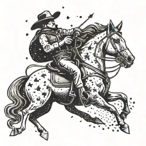 A dotwork tattoo of a cowboy riding a horse with the Gemini constellation as the night sky tattoo design idea