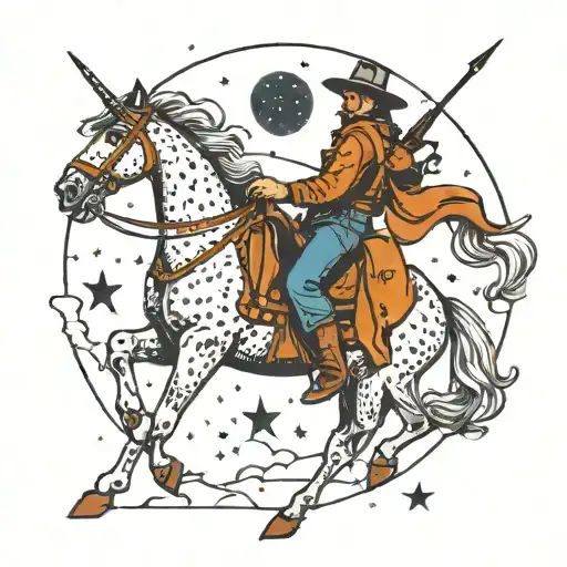 A dotwork tattoo of a cowboy riding a horse with the Gemini constellation as the night sky tattoo design idea