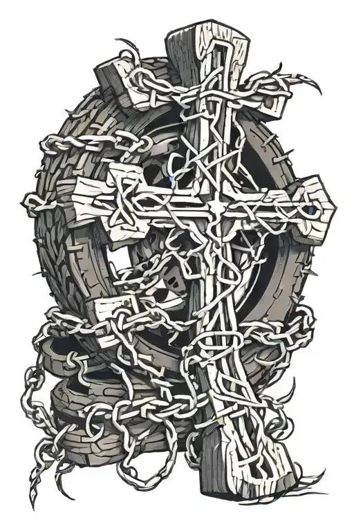 wooden aged cross wrapped in barbed wire with a tire leaning against it tattoo design idea