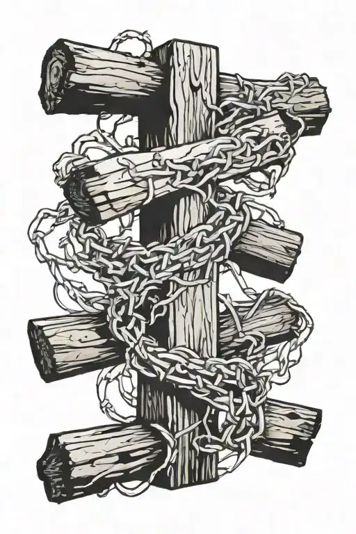 wooden aged cross wrapped in barbed wire with a tire leaning against it tattoo design idea