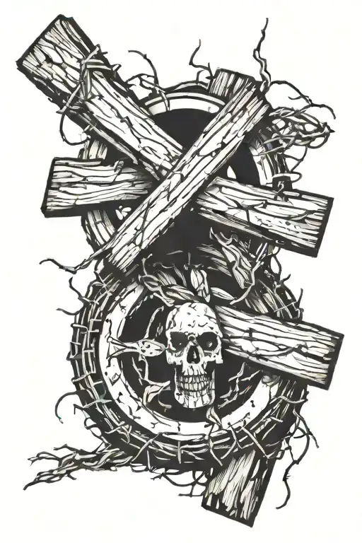 wooden aged cross wrapped in barbed wire with a tire leaning against it tattoo design idea