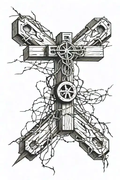 wooden aged cross wrapped in barbed wire with a tire leaning against it tattoo design idea