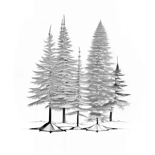 five conifer trees in mountains  tattoo design idea