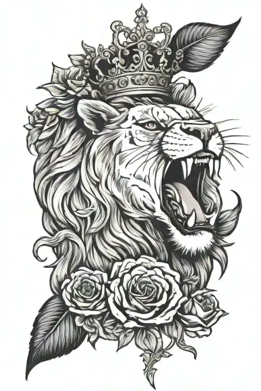 lion roaring mouth open with crown surrounded by roses tattoo design idea