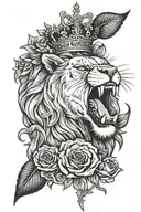 lion roaring mouth open with crown surrounded by roses tattoo design idea