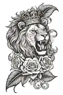 lion roaring mouth open with crown surrounded by roses tattoo design idea