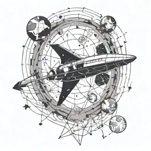 A blackwork tattoo of a constellation map with a spaceship navigating through it tattoo design idea