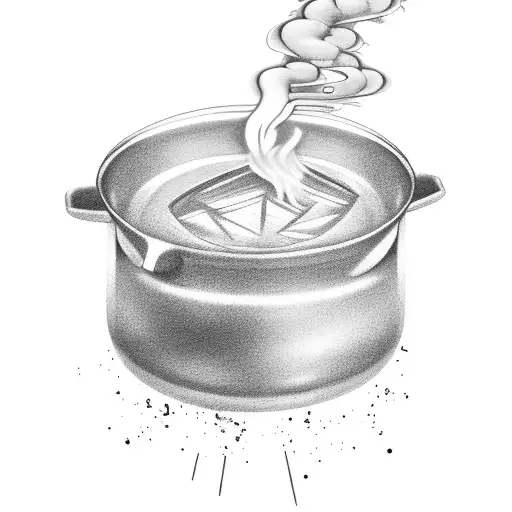 A traditional Tamil cooking pot with rap lyrics flowing out as steam tattoo design idea