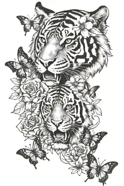 tiger face and flowers and butterflies tattoo design idea