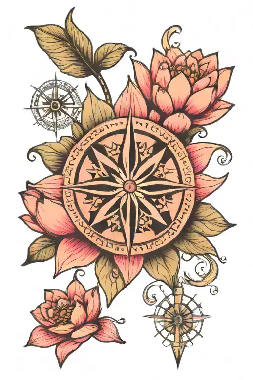 Pink blooming lotus flower and compass tattoo design idea