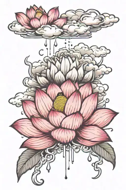 Pink blooming lotus flower and cloud tattoo design idea