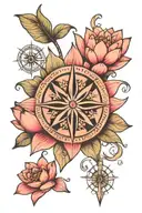 Pink blooming lotus flower and compass tattoo design idea